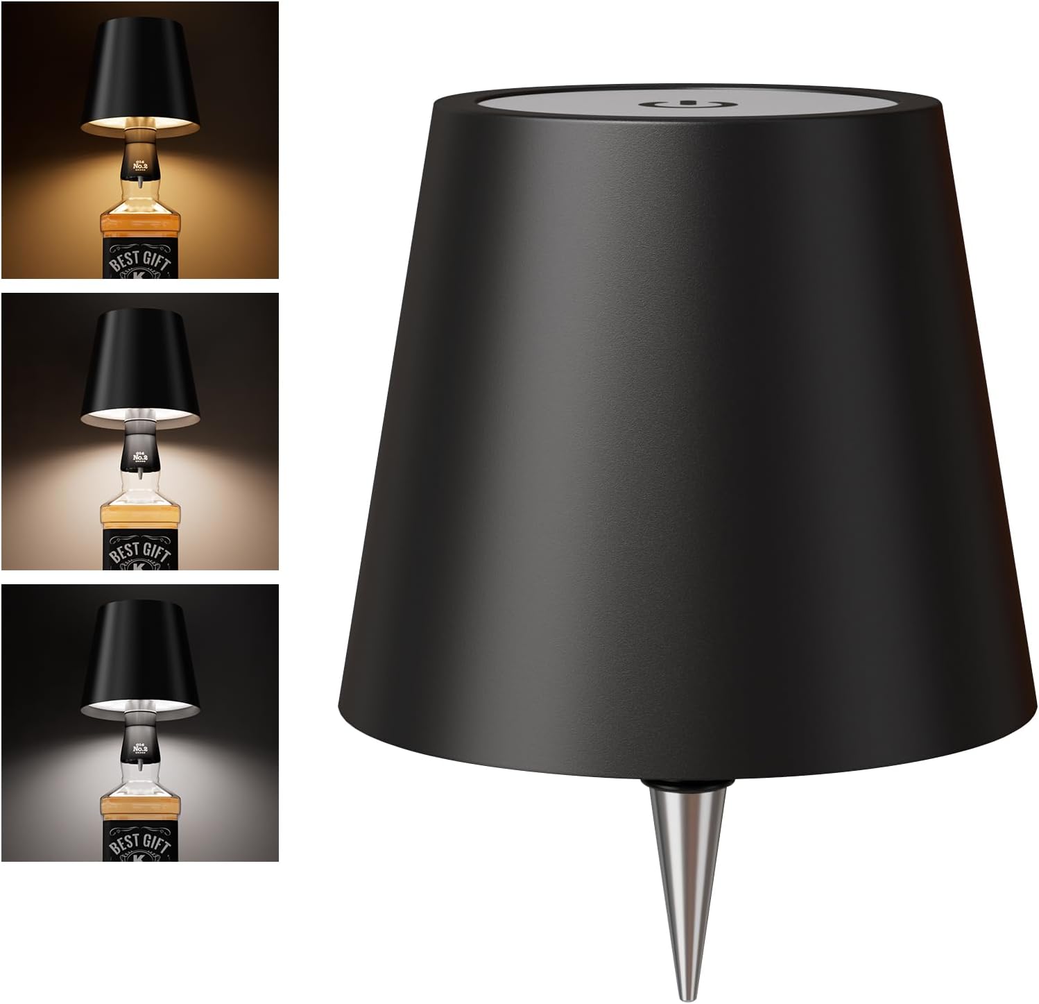 Wireless Bottle Lamp Shade - Portable LED Wine Bottle Lamp with Stopper, 3 Color Stepless Dimming Rechargeable Touch Wine Bottle Lights for Any Liquor Bottle Bars Restaurants (Black, 1 Pack)