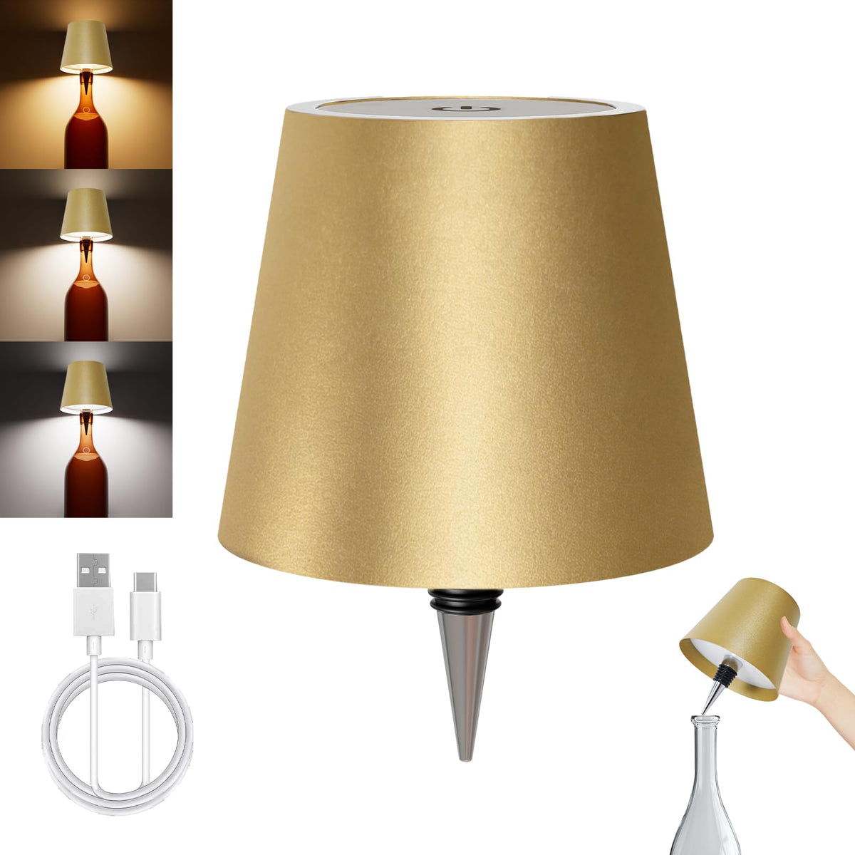 Wireless Bottle Lamp Shade - Portable LED Wine Bottle Lamp with Stopper, 3 Color Stepless Dimming Rechargeable Touch Wine Bottle Lights for Any Liquor Bottle Bars Restaurants (Black, 1 Pack)