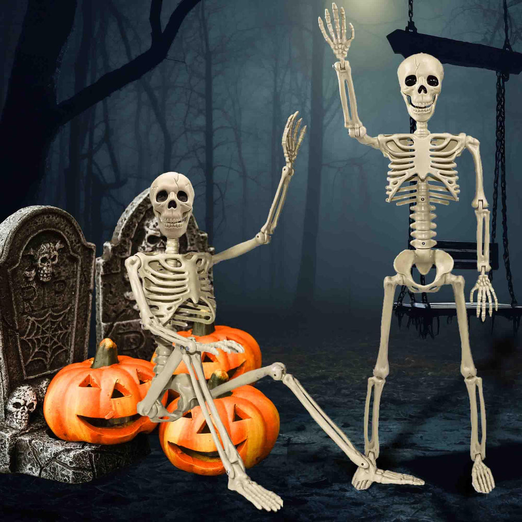 2 Pack 36"Halloween Skeleton - 3 ft Life Size Human Skeleton with Full Body Posable Joints Plastic Skeleton for Halloween Skeletons Decor Yard Patio Lawn Garden Skeleton Props Spooky Party Decoration