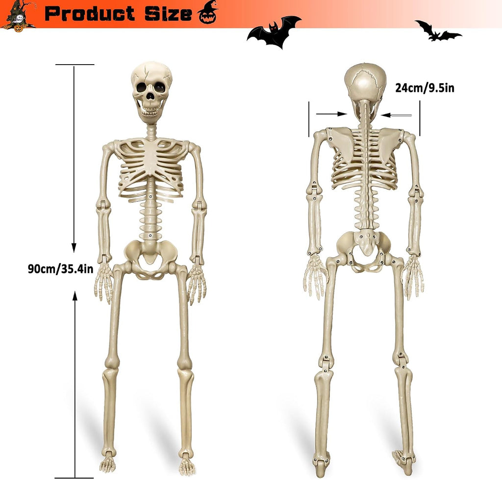 2 Pack 36"Halloween Skeleton - 3 ft Life Size Human Skeleton with Full Body Posable Joints Plastic Skeleton for Halloween Skeletons Decor Yard Patio Lawn Garden Skeleton Props Spooky Party Decoration