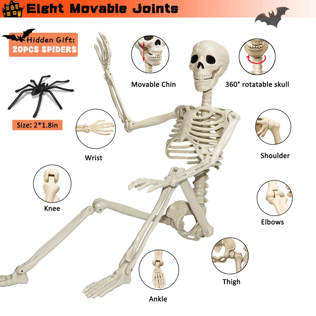 2 Pack 36"Halloween Skeleton - 3 ft Life Size Human Skeleton with Full Body Posable Joints Plastic Skeleton for Halloween Skeletons Decor Yard Patio Lawn Garden Skeleton Props Spooky Party Decoration