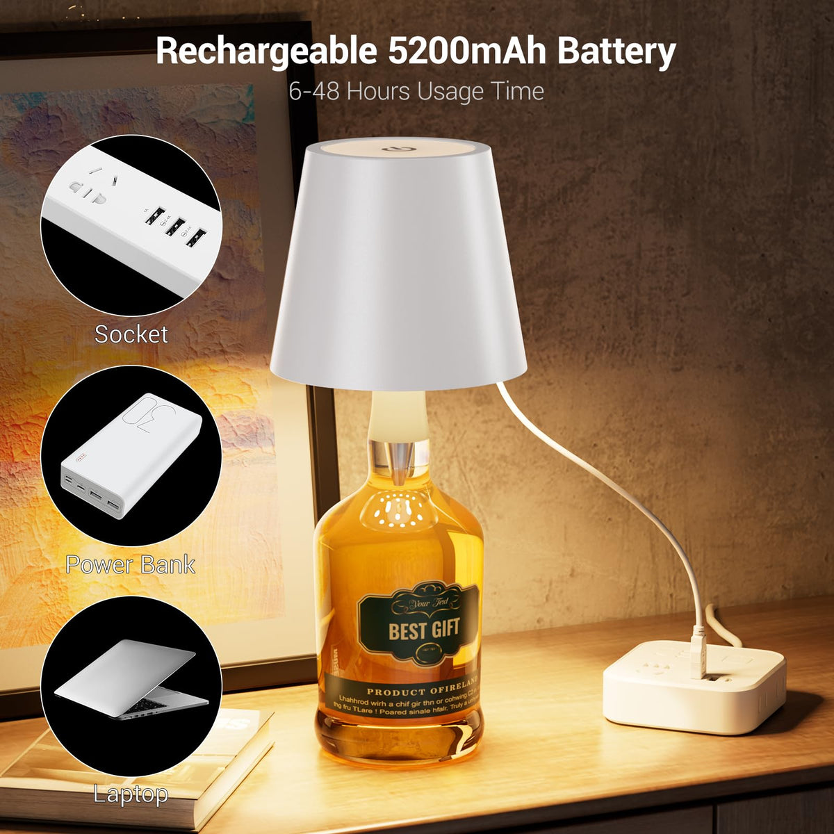 Wireless Bottle Lamp Shade - Portable LED Wine Bottle Lamp with Stopper, 3 Color Stepless Dimming Rechargeable Touch Wine Bottle Lights for Any Liquor Bottle Bars Restaurants (Black, 1 Pack)