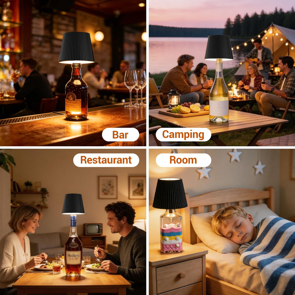 Wireless Bottle Lamp Shade - Portable LED Wine Bottle Lamp with Stopper, 3 Color Stepless Dimming Rechargeable Touch Wine Bottle Lights for Any Liquor Bottle Bars Restaurants (Black, 1 Pack)