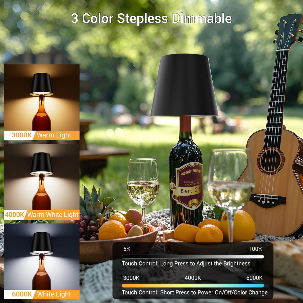 Wireless Bottle Lamp Shade - Portable LED Wine Bottle Lamp with Stopper, 3 Color Stepless Dimming Rechargeable Touch Wine Bottle Lights for Any Liquor Bottle Bars Restaurants (Black, 1 Pack)